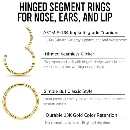 2Pcs Women Men Titanium Nose Rings Hoops 20G 18G 16G 14G 12G Hinged Nose Clicker for Nostril Septum Cartilage Helix Tragus Conch Daith Rook Lip Ear Lobe Piercings Diameter 6mm/7mm/8mm/9mm/10mm/11mm/12mm/14mm/16mm Sliver-Gold-Black-Rose Gold - color: Gold,