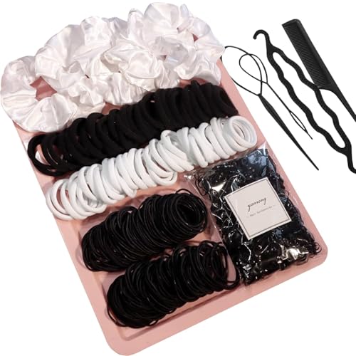 500-Count Black White Hair Ties Bulk Set, Mixed Thin Nylon Elastics with Styling Comb for Women