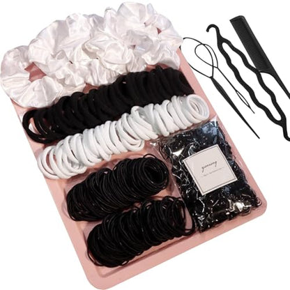 500-Count Black White Hair Ties Bulk Set, Mixed Thin Nylon Elastics with Styling Comb for Women