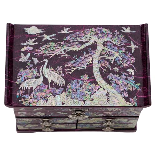 February Mountain Mother of Pearl Jewelry Box – Elegant Korean Jewelry Organizer with Velvet Lining, Unique Christmas Gift for Women, Mom, and Grandma, Decorative Keepsake Box for Rings and Treasures - style: Crane and Pine Tree - Purple