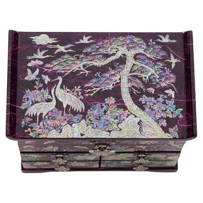 February Mountain Mother of Pearl Jewelry Box – Elegant Korean Jewelry Organizer with Velvet Lining, Unique Christmas Gift for Women, Mom, and Grandma, Decorative Keepsake Box for Rings and Treasures - style: Crane and Pine Tree - Purple
