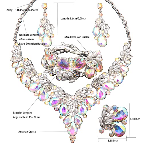 Jewelry Set for Women, Statement Necklace Dangle Earrings Bracelet Ring, White/KC Gold Plated Jewelry Set with Rhinestone Pearl Crystal Wedding Party Jewelry for Bridal Bridesmaid - color: AB Crystal-Platinum Plated