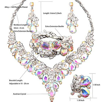 Jewelry Set for Women, Statement Necklace Dangle Earrings Bracelet Ring, White/KC Gold Plated Jewelry Set with Rhinestone Pearl Crystal Wedding Party Jewelry for Bridal Bridesmaid - color: AB Crystal-Platinum Plated