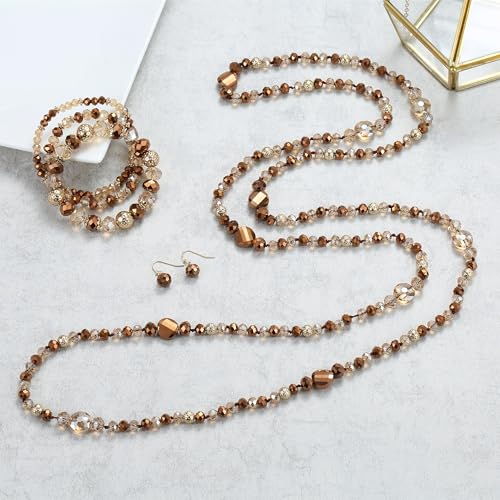 Trendy Infinity Wrap 60’’ Long Statement Necklace, Earrings and Bracelet Set - Hand Knotted Versatile Crystal and Shell Beads Strand Necklace and Chunky Beaded Stretch Bracelet Stack – Jewelry Set Gift for Women - color: Brown