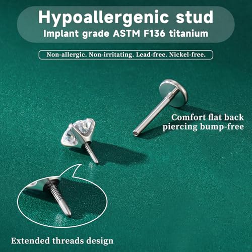 Gotumo 20G 18G 16G Flat Back Earrings Stud Nose Ring Titanium Internal Thread Tragus Labret Cartilage Lip Medusa Conch Body Piercing Jewelry Nose Stud Hypoallergenic for Women Men - color: Silver, size: 20G Bar-6/7/8mm & CZ-2/3/4mm