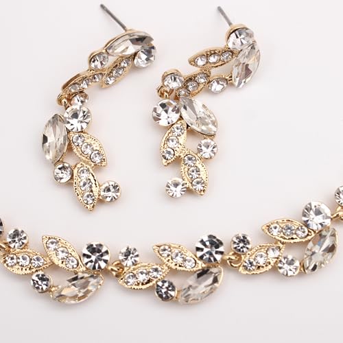 QLLYHLH Woman’s Brides Bridesmaid Leaf Choker Necklace Dangle Earrings Link Bracelet Austrian Crystal Wedding Jewelry Set Prom Costume Party Events | Brides, Bridesmaid, Prom, Events, Costume Party, Leaf - color: White-Gold Plated