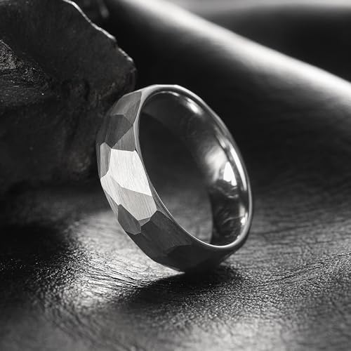 King Will Men's Tungsten Carbide Wedding Ring Hammered Groove Wedding Band Mens Two Tone Engagement Ring for Men and Women Matte Brushed Finish Comfort Fit - color: Silver 6mm