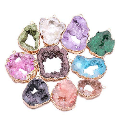 Natural Stone Pendant, Irregular Plated Gold Edge Crystal Agate Stone Pendant for Jewelry Making DIY Necklace Charms 25X30-35X45mm (2 Pcs) - color: olive green
