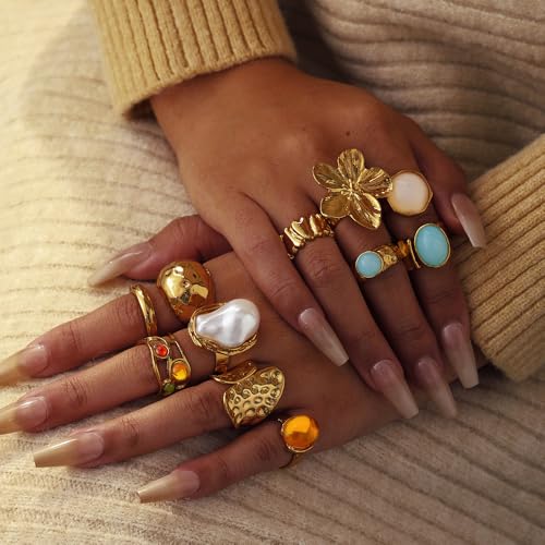 Chunky Gold Rings for Women Non Tarnish, Baroque Pearl Flower Tiger's Eye Stone Rings Adjustable Stacking Statement Rings Set Fashion Jewelry Gifts - style: Chunky Flower