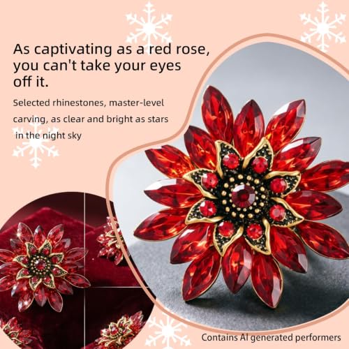 Crystal Flower Brooch Pin for Women Rhinestone Floral Lapel Jewelry - color: red