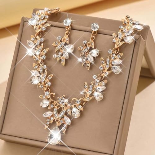 Rhinestone Bridal Wedding Jewelry Sets Gold Necklace Earrings Set Leaf Prom Formal Costume Jewelry Set for Women and Brides - color: Gold