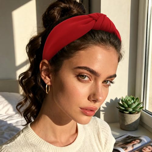 YISSION Red Knotted Headband Wide Headbands for Women Non Slip Head Band Fashion Top Knot Hairband Hair Accessories for Women Girls - color: Red