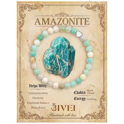 Bivei Crystal Stretch 6mm Bracelets for Women | Handmade Natural Stone Beaded Stretch Bracelet, Stainless Steel Heart Bead, Tranquility Yoga Gift Jewelry for Women - color: Amazonite - Abundance