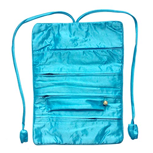 Travel Jewelry Roll Bag - Silk Embroidered Brocade Pouch for Rings, Necklaces, Earrings, Bracelets | Lightweight & Tie Closure (Sky Blue) - color: Sky Blue