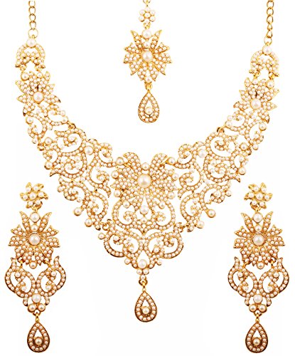 Touchstone Indian Jewelry Sets for Women Bollywood Wedding Bridal Necklace desi Earrings Formal Fancy Rhinestone India Designer Jewellery Punjabi Tikka Set in Antique Gold or Silver or White Tone - color: Pearl