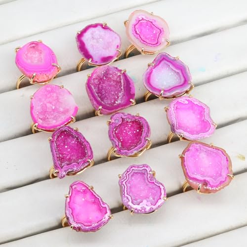 Elegant Geode Druzy Gemstone Statement Ring for Women, Adjustable Ring, Gold Plated Stone Size 20-25mm - color: Pink, style: 1