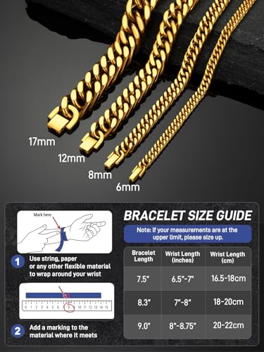 ChainsPro Miami Cuban Link Chain Bracelet for Men, 6/8/12/17mm, 7.5/8.3/9inch, 316L Stainless Steel/18K Gold Plated/Black No Tarnish Bracelets for Fathers' Day Husband, Send Gift Box - color: Gold Plated
