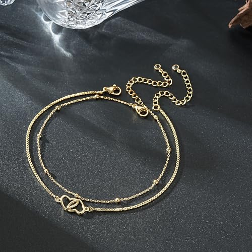 Ritach Gold/Silver Ankle Bracelets for Women 14K Gold Anklets for Women Waterproof Cuban Link Heart Bead Anklets Set Layered Anklet Bracelets for Women Gold Jewelry Gift - color: double heart