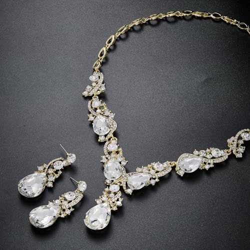 Women's Wedding Bridal Crystal Multi Teardrop Cluster Statement Necklace Dangle Earrings Set - color: Clear Gold-Tone