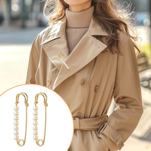 6 PCS Faux Pearl Brooch Pin Safety Pins Decorative for Women, Gold Pearl Pin for Clothes Pants Clips to Tighten Waist, Large Waist Extender Decorative Pins for Shawl Sweater Dress Hat Pants Wedding