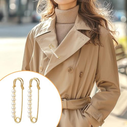 6 PCS Faux Pearl Brooch Pin Safety Pins Decorative for Women, Gold Pearl Pin for Clothes Pants Clips to Tighten Waist, Large Waist Extender Decorative Pins for Shawl Sweater Dress Hat Pants Wedding