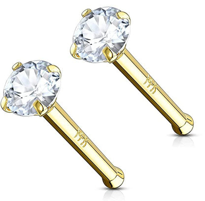 Forbidden Body Jewelry 14k Gold Nose Ring, 20g, Solid 6mm Stud, 2mm CZ Simulated Diamond, Non-Irritating Skin Safe Real Gold, Women and Men - color: 2pcs: 14k Yellow Gold