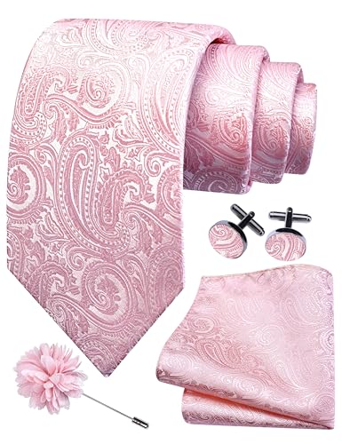 GUSLESON 3.15"（8cm） Mens Tie and Lapel Pin Paisley Necktie Hankerchief Cufflinks Set for Men - color: Light Pink
