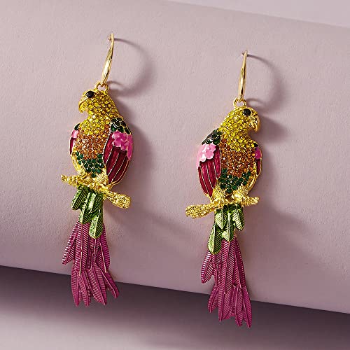 Rhinestone Parrot Bird Dangle Earrings for Women Girls Colorful Crystal Pink Feather Statement Drop Fish Hook Dangling Stud Lightweight Boho Carnival Holiday Prom Party Jewelry Gifts Souvenirs