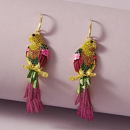 Rhinestone Parrot Bird Dangle Earrings for Women Girls Colorful Crystal Pink Feather Statement Drop Fish Hook Dangling Stud Lightweight Boho Carnival Holiday Prom Party Jewelry Gifts Souvenirs