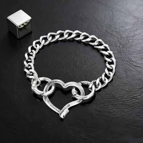 Heart Bracelet for Women, Chunky Silver Chain Clasp Charms Stainless Steel Link Buckle Statement Jewelry Accessories Gifts - color: Silver OO Heart