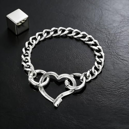 Heart Bracelet for Women, Chunky Silver Chain Clasp Charms Stainless Steel Link Buckle Statement Jewelry Accessories Gifts - color: Silver OO Heart