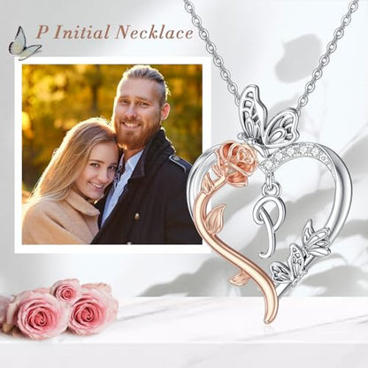 TOUPOP Gifts for Women Her 925 Sterling Silver Rose Heart Initial Necklace Butterfly Heart Jewelry Anniversary Birthday Gifts for Wife Girlfriend Mom - color: P Initial