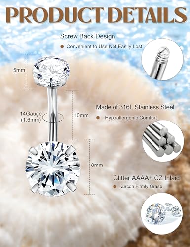 FIBO STEEL 14G Belly Button Rings Dangle 316L Stainless Steel Belly Rings for Women Navel Piercing Jewelry 12 Pcs - color: Silver Plated