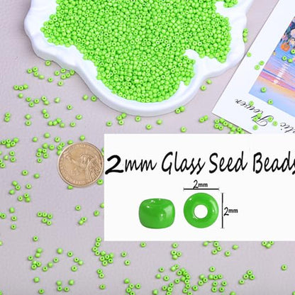 2mm Glass Seed Beads Bulk, Bright Green 12/0 Tiny Round Seed Bead, Small Mini Pony Craft Beads for Bracelet Necklace Wrist Jewelry Making Beading Weaving DIY Crafts Supplies - color: Bright Green