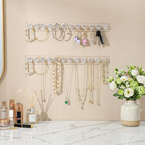 6 Pcs Clear Acrylic Necklace Holder, Acrylic Necklace Organizer Wall Mounted with 12 Hooks, for Hanging Necklace, Jewelry, Bangles, Bracelets and Rings, Best Gifts for Girls and Women