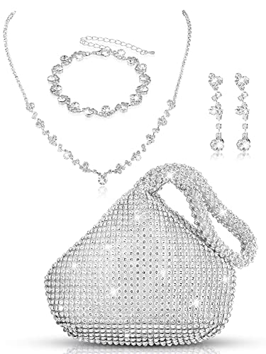4 Pcs Silver Clutch Purse Jewelry Set for Women Rave Accessories Evening Rhinestone Purse Silver for Bride Wedding - style: Charming Style