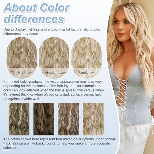Beige Blonde Halo Hair Extensions with Light Blonde Highlights | 20 Inch Wavy Synthetic Fiber with Invisible Wire and 4 Secure Clips for Easy Daily Styling and Party Wear - color: Blonde Highlights