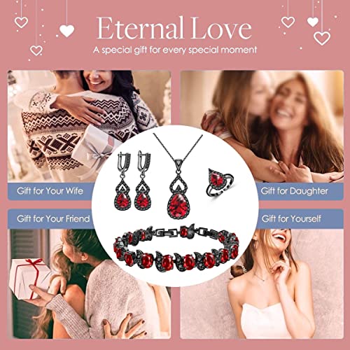 LMXXVJ Women Jewelry Set Platinum Plated Necklace Open Ring Earrings Bracelet Set,Birthday/Anniversary Mother’s Day Jewelry Gifts for Mom/Wife/Sister/Best Friend - color: Black Gun - Red Cubic Zirconia