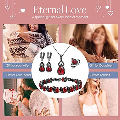 LMXXVJ Women Jewelry Set Platinum Plated Necklace Open Ring Earrings Bracelet Set,Birthday/Anniversary Mother’s Day Jewelry Gifts for Mom/Wife/Sister/Best Friend - color: Black Gun - Red Cubic Zirconia