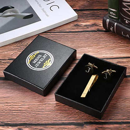 LOYALLOOK Black Initial Cufflinks and Tie Clip Set for Men Personalized Copper Cuff links and Tie Bar Letter Alphabet A-Z Gift for Father Husband Valentine Gifts for Men - color: J