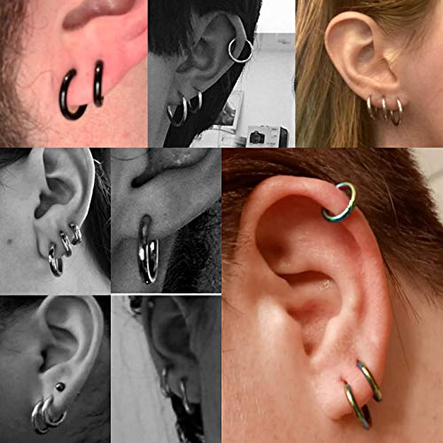 Black Hoop Earrings for Men 8mm 10mm 12mm – Surgical Stainless Steel Hypoallergenic Mens Small to Medium Hoop Earrings Set (3 Pairs) - style: C:4pairs,12mm,black+steel+rainbow+gold