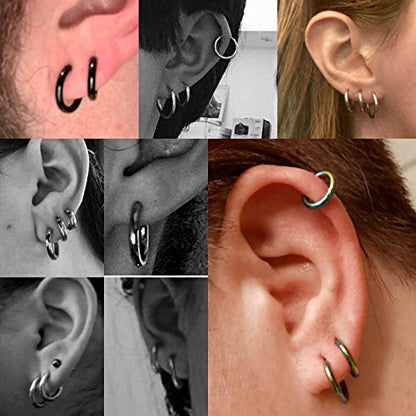 Black Hoop Earrings for Men 8mm 10mm 12mm – Surgical Stainless Steel Hypoallergenic Mens Small to Medium Hoop Earrings Set (3 Pairs) - style: E:3pairs,8mm+10mm+12mm,steel