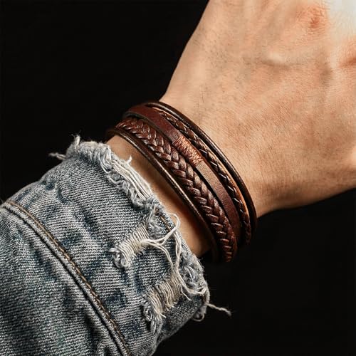Grevosea Men's Braided Bracelet, Adjustable Brown Knot Mens Leather Multi-strand Bracelet Gift for Husband Boyfriend - color: Brown