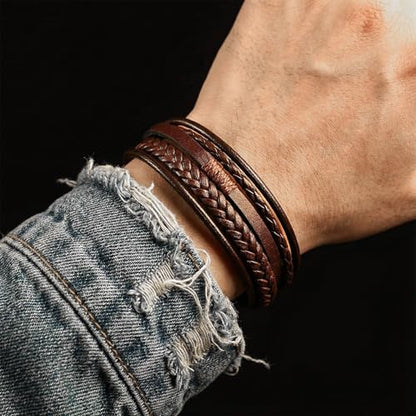 Grevosea Men's Braided Bracelet, Adjustable Brown Knot Mens Leather Multi-strand Bracelet Gift for Husband Boyfriend - color: Brown