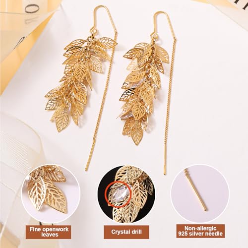 14K Gold Plated Leaf Threader Crystal Earrings for Women, Long Tassel Elegant Dangle Drop Earrings for Weddings, Galas, and Formal Events, Hypoallergenic Lightweight Jewelry Idea Gift - color: Gold
