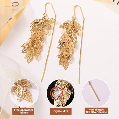 14K Gold Plated Leaf Threader Crystal Earrings for Women, Long Tassel Elegant Dangle Drop Earrings for Weddings, Galas, and Formal Events, Hypoallergenic Lightweight Jewelry Idea Gift - color: Gold
