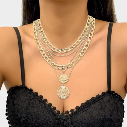14K Gold Plated Layered Necklaces Retro Coin Necklace Set Dainty Gold Jewelry for Women - color: Gold