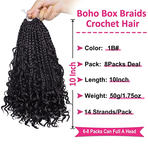 Unionbeauty 8 Packs 10 Inch Boho Box Braids Crochet Hair Goddess Box Braids Crochet Hair for Black Woman with Curly Ends Bohemian Hippie Crochet Braids Hair Synthetic Braiding Hair Extension 1B# - color: 1B#, size: 10 Inch (Pack of 8)