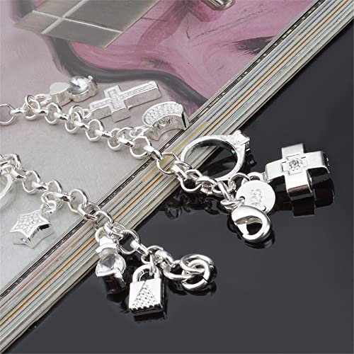 kelistom 925 Sterling Silver Bracelets for Women Teens, Love Heart Charm Chain Bracelet Bangle Fashion Jewelry Gifts - color: multi-charms