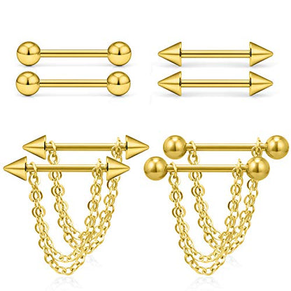 316L Surgical Steel Chain Dangle Nipple Shield Rings 14G Nipplering Barbell Piercing Jewelry for Women Men - color: Gold-tone/4Pr